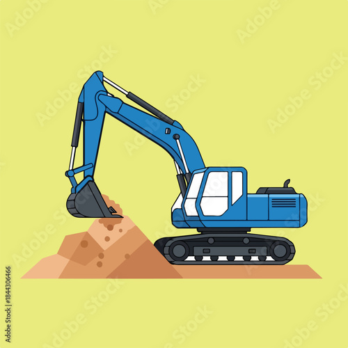 A blue hydraulic excavator is actively digging into a mound of earth, depicted in a flat, vector-style illustration on a light yellow background.