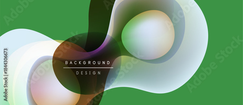 Abstract fluid shapes overlap, creating dynamic visual effect. Green backdrop enhances colorful layers, modern design element.