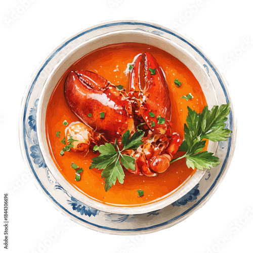 A watercolor painting of Lobster Bisque, vector illustration on white background.