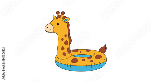 Cute cartoon illustration of a giraffe-shaped inflatable swimming ring for kids, isolated on a clean white background for summer designs.