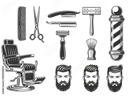 Black and white illustration of various barber tools and hairstyles