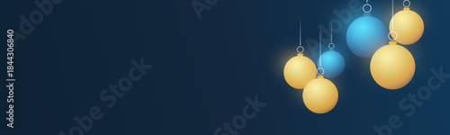 Dark Blue Extra Wide Scale Christmas Background Design, Web Template with Golden and Blue Glowing Christmas Balls and Large Copyspace - Vector Illustration