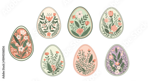 Set of seven beautifully decorated Easter eggs with various vintage floral and botanical patterns in soft, muted pastel colors.