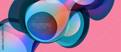 Abstract flowing shapes, vibrant colors, pink backdrop. Overlapping layers create dynamic visual effect. Modern design element.