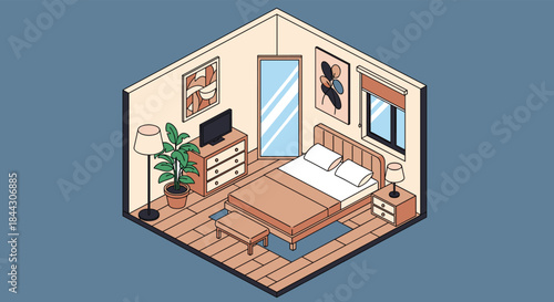 Modern and cozy isometric bedroom interior design with a wooden bed, houseplant, mirror, and contemporary art on a blue background.