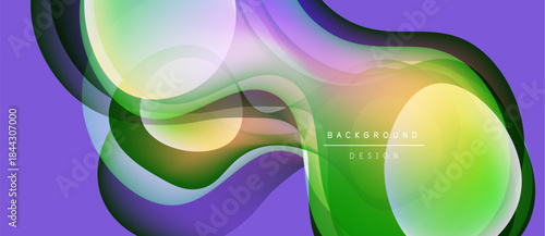 Abstract fluid shapes, vibrant colors blend. Modern design, smooth gradients create dynamic composition. Purple backdrop enhances visual impact.