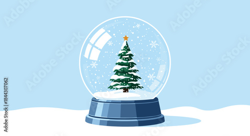 Peaceful winter scene illustration of a glass snow globe containing a snow-covered Christmas tree, set against a snowy blue sky.