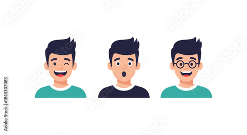 Set of three cartoon male character avatars showing different facial expressions: winking, surprised, and smiling with glasses.