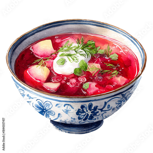 Borscht in watercolor style, vector illustration, isolated on white background.