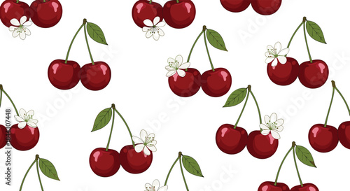 Sweet and simple seamless pattern of juicy red cherries with small white blossoms and green leaves on a clean white background.