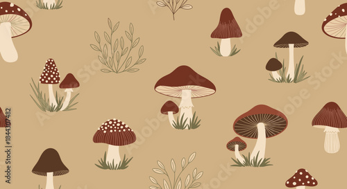Earthy and rustic seamless pattern of various forest mushrooms and plants in a hand-drawn style on a light brown background.
