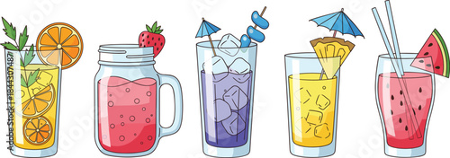 Outlined Cartoon Vector Set of Five Exotic Summer Cocktails and Refreshing Fruit Beverages with Ice, Garnishes, Straws, and Umbrellas for Beach Menus.