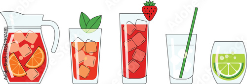 Minimalist Flat Vector Set of Five Iced Summer Drinks, Including Pitcher, Glasses with Orange Slices, Strawberry, and Lime, Ideal for Restaurant Menus.