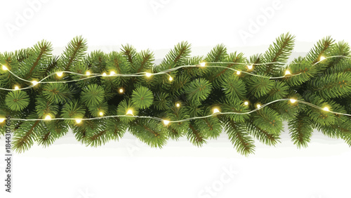 Christmas garland with string lights on green pine branches