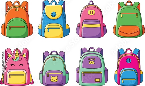 Vibrant Vector Collection of Children's Backpacks with Fun Motifs like Unicorn, Cat, and Star, Featuring Bright Colors Ideal for School and Kids' Products.