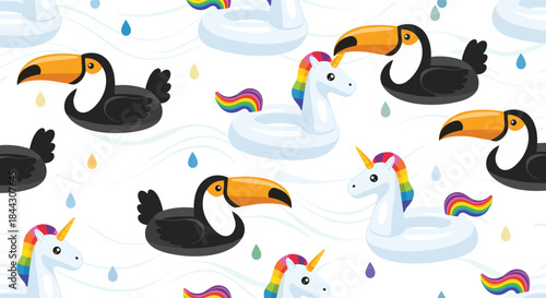Fun and whimsical seamless summer pattern featuring unicorn and toucan inflatable pool floats on a wavy, light blue background.