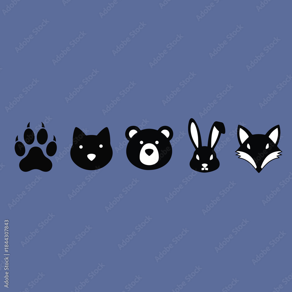 Fototapeta premium A minimalist illustration displays a black paw print, cat, bear, rabbit, and fox head icons arranged horizontally on a solid blue background.
