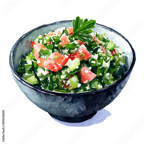 Watercolor vector illustration of Tabbouleh Salad, isolated on white background.