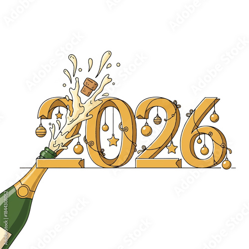 Illustration of a champagne bottle pouring into the numbers 2026 with gold confetti and stars on a white background.