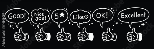 Thumb up doodle blackboard. Crayon scribble. Restaurant, cafe menu and chalkboard design element. Comic speech bubble set black and white vector art
