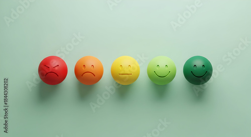 Depicting customer satisfaction with colorful round objects expressing a range of emotions, from anger to happiness, to assess customer service quality.