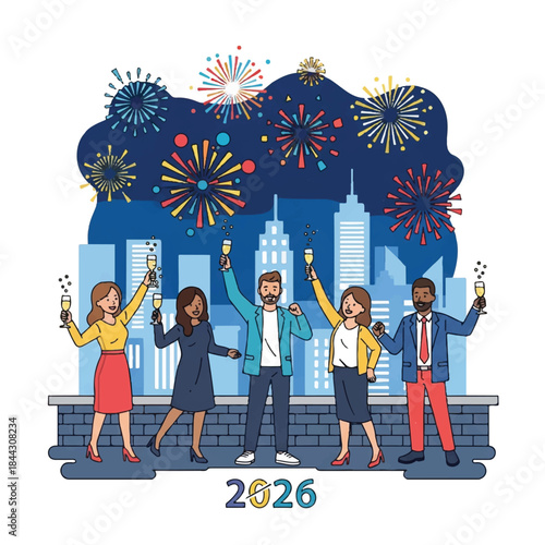 Illustration of a diverse group of people celebrating with sparklers against a city skyline with fireworks on a New Year's Eve in 2026.