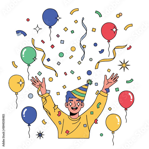 Cartoon man wearing a party hat and celebrating with colorful balloons and confetti in the air.
