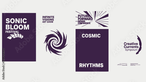 Vibrant festival and conference logos with cosmic and music themes on purple backgrounds