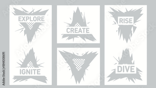 Collection of six inspirational motivational poster templates with dynamic gray explosion designs and words like explore create rise dive ignite