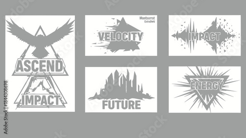 Collection of six motivational grey logos with words impact, velocity, energy, future, ascend on white background, inspirational quotes and phrases for business