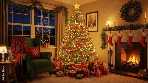 Cozy living room with Christmas tree and presents by the fireplace at night