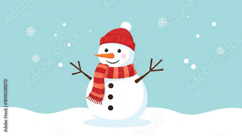 A cheerful snowman wearing a red hat and scarf stands in a snowy landscape with falling snowflakes in the background, smiling with a carrot nose and coal eyes