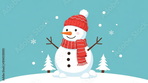 A cheerful snowman wearing a red hat and scarf stands on snowy hill with pine trees during snowfall