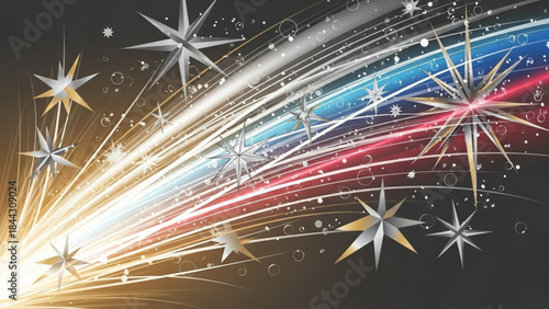 Dynamic Light Trails and Shimmering Stars Create an Energetic Abstract Burst of Celebration and Brilliant Motion