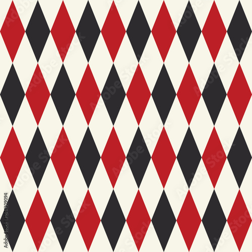 Harlequin geometric seamless pattern. Circus and carnival aesthetic vector background. Checkered diamond plaid vintage wallpaper. Holiday and celebration allover print for fabric, paper, package
