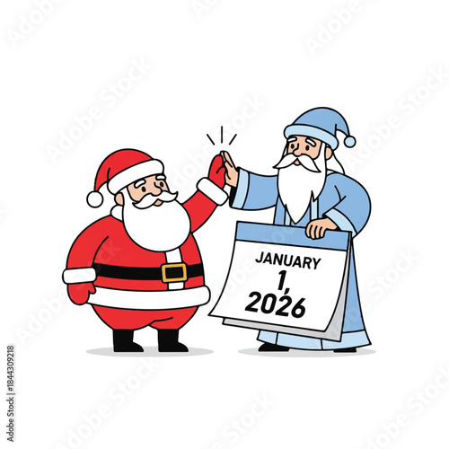 Cartoon illustration of Santa Claus and a wizard bumping fists beside a calendar showing January 1, 2026 on a white background.