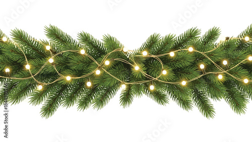 Festive christmas garland with string lights on pine branches for holiday decoration