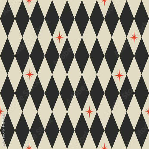 Harlequin geometric seamless pattern. Circus and carnival aesthetic vector background. Checkered diamond plaid vintage wallpaper. Holiday and celebration allover print for fabric, paper, package