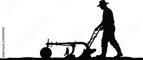 Silhouette of a farmer wearing a hat walking behind a plow tilling the earth in a stark black and white graphic style