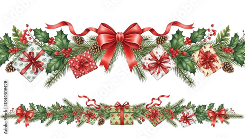 Watercolor Christmas Garland with Red Bow, Holly Leaves, Pine Branches and Gift Boxes