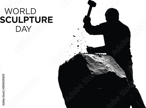 Celebrating world sculpture day with a powerful silhouette of an artist chiseling stone against a stark white background