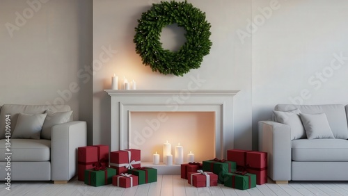 Cozy living room with Christmas presents and candles by fireplace