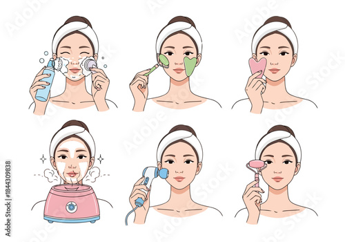 Woman using various facial cleansing tools and products on
