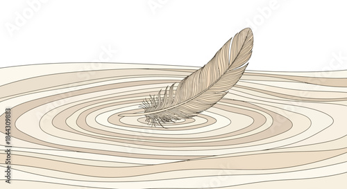 Gentle feather landing illustration creating ripples in the serene beige water surface