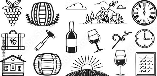 A collection of 21 stylized black and white line art icons, set against a transparent background. The icons depict elements associated with winemaking and wine consumption. The subjects include a bunc