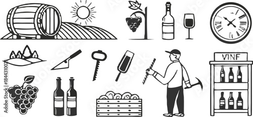 A collection of 21 stylized black and white line art icons, set against a transparent background. The icons depict elements associated with winemaking and wine consumption. The subjects include a bunc