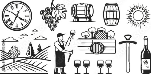 A collection of 21 stylized black and white line art icons, set against a transparent background. The icons depict elements associated with winemaking and wine consumption. The subjects include a bunc