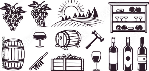 A collection of 21 stylized black and white line art icons, set against a transparent background. The icons depict elements associated with winemaking and wine consumption. The subjects include a bunc
