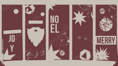 Brown and cream colored christmas card design with joy merry noel words and santa claus beard silhouette