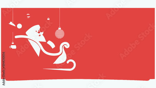 A creative illustration of santa claus in a whimsical holiday scene with hanging ornaments on a red background